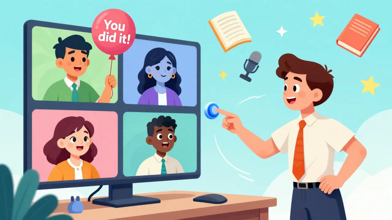 Новичок запускает вебинар, а команда радостно наблюдает через видеоокна.