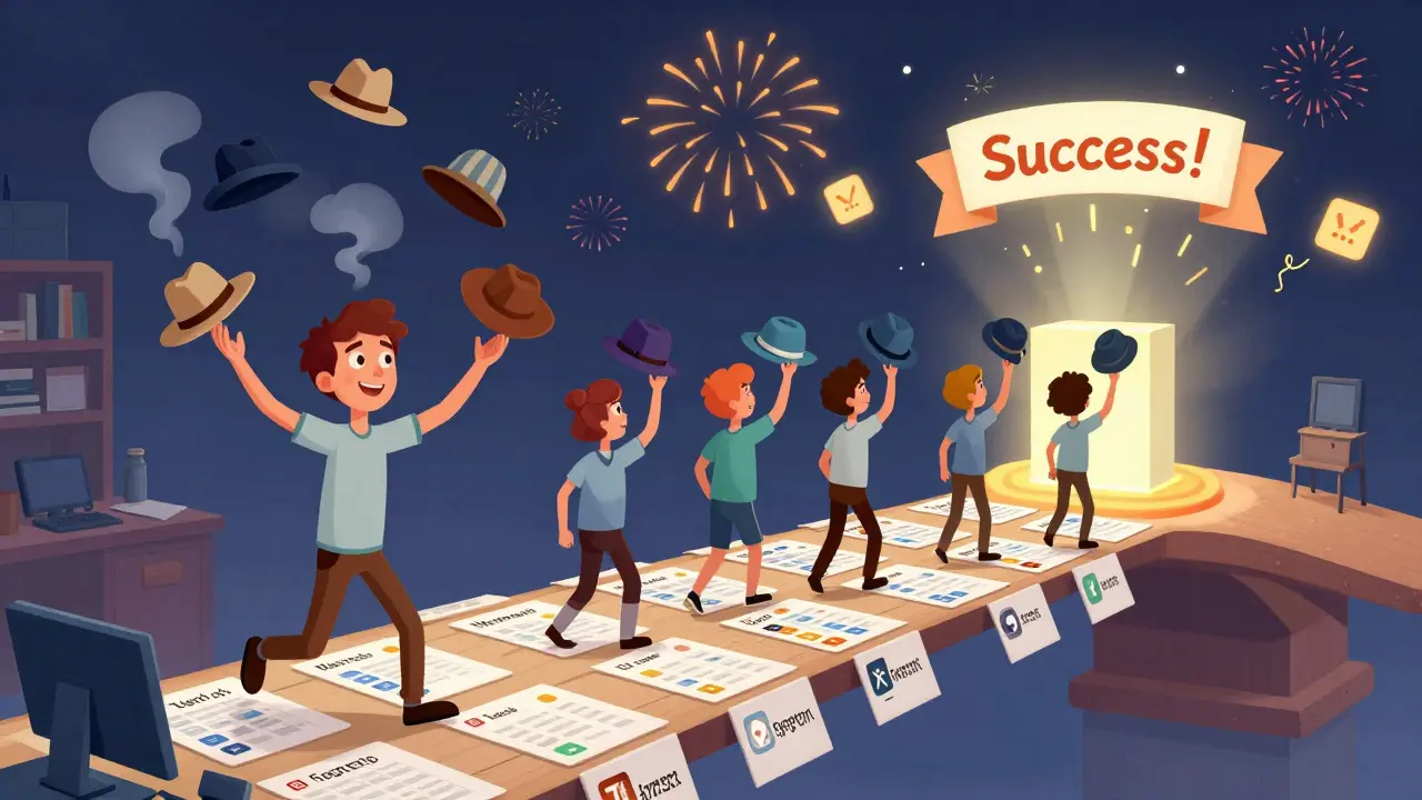 Один человек перегружен шестью ролями — справа команда берет их по одной, ведя к успешному запуску курса.