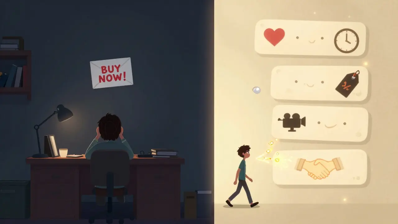 Персонаж выбирает между навязчивой продажей и заботливой цепочкой полезных сообщений, идёт к светлому пути.