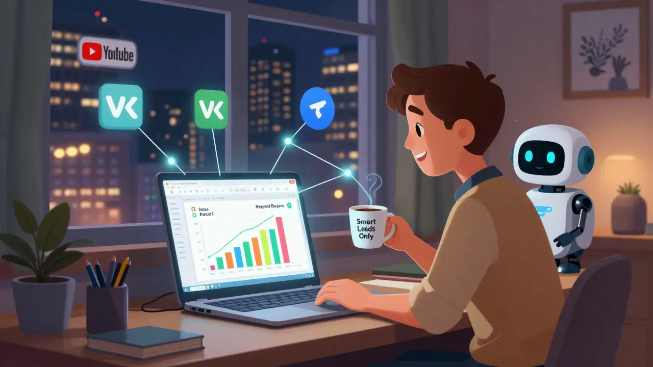 Предприниматель с таблицей и дружелюбным ИИ-ассистентом в уютном офисе, в стиле DreamWorks.