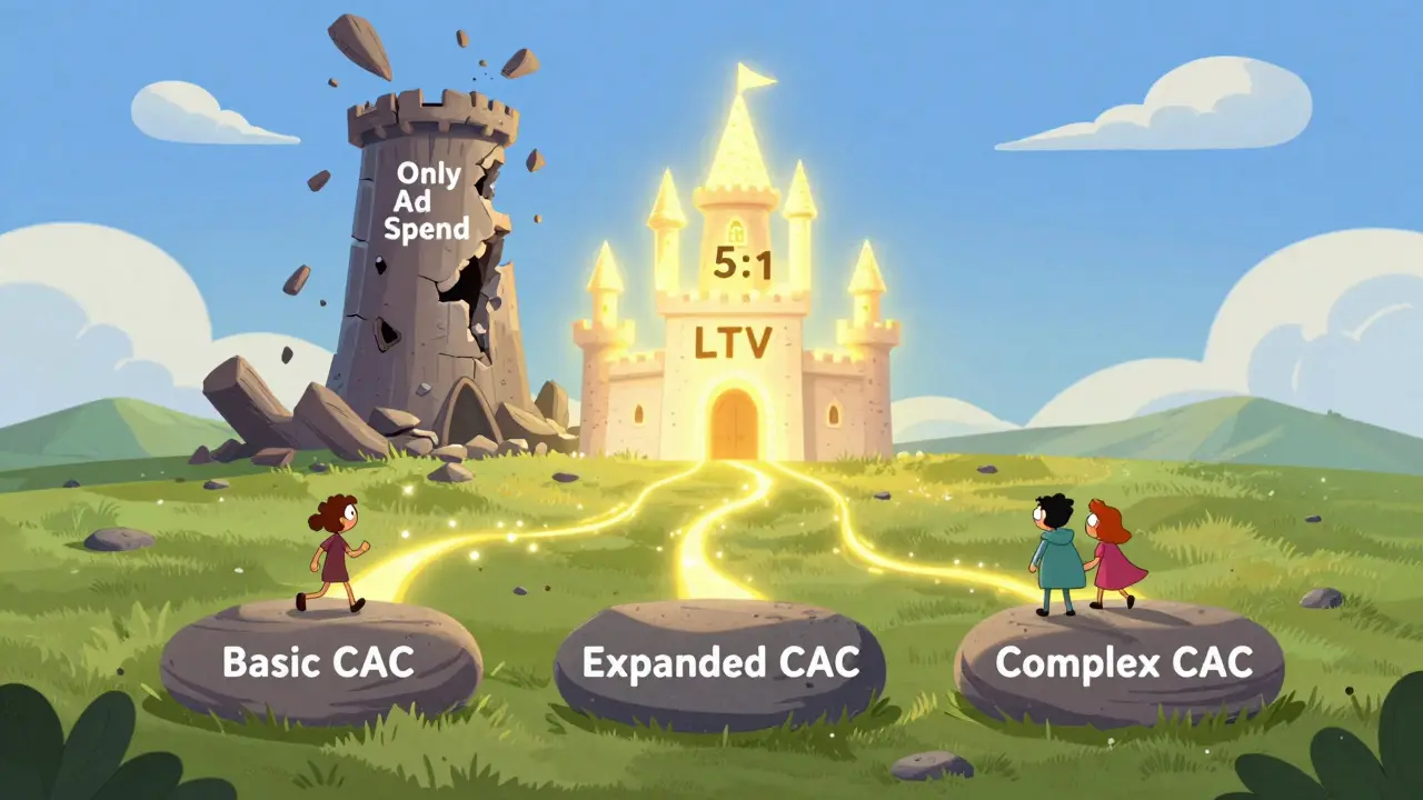 Путь к успеху: три ступени CAC ведут к замку LTV 5:1, а старый метод рушится.