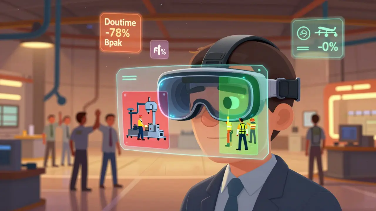 Руководитель видит в AR-очки оптимизированную планировку цеха с реальными показателями эффективности.