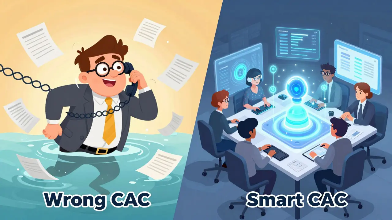 Сравнение: хаотичные продажи слева и автоматизированный маркетинг справа в стиле мультфильма.