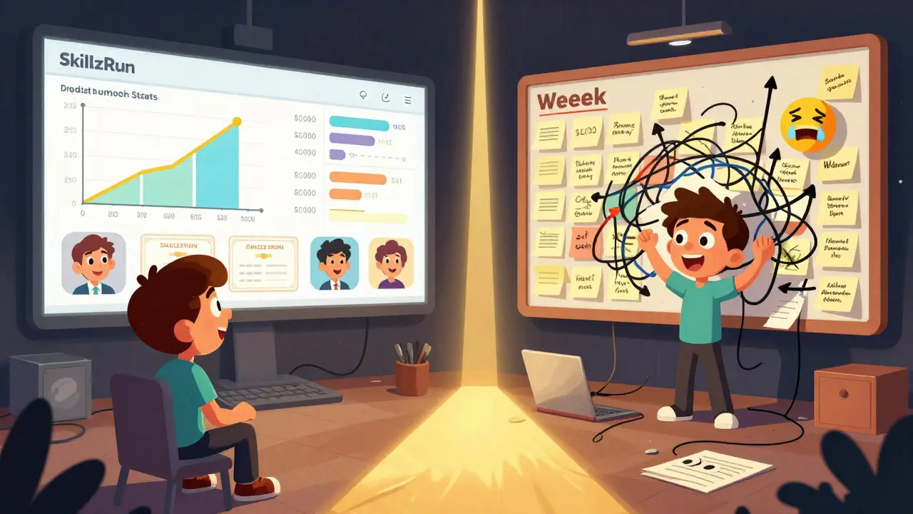Сравнение: простота SkillzRun слева и хаос ручного управления в Weeek справа, символизирующее экономию времени.