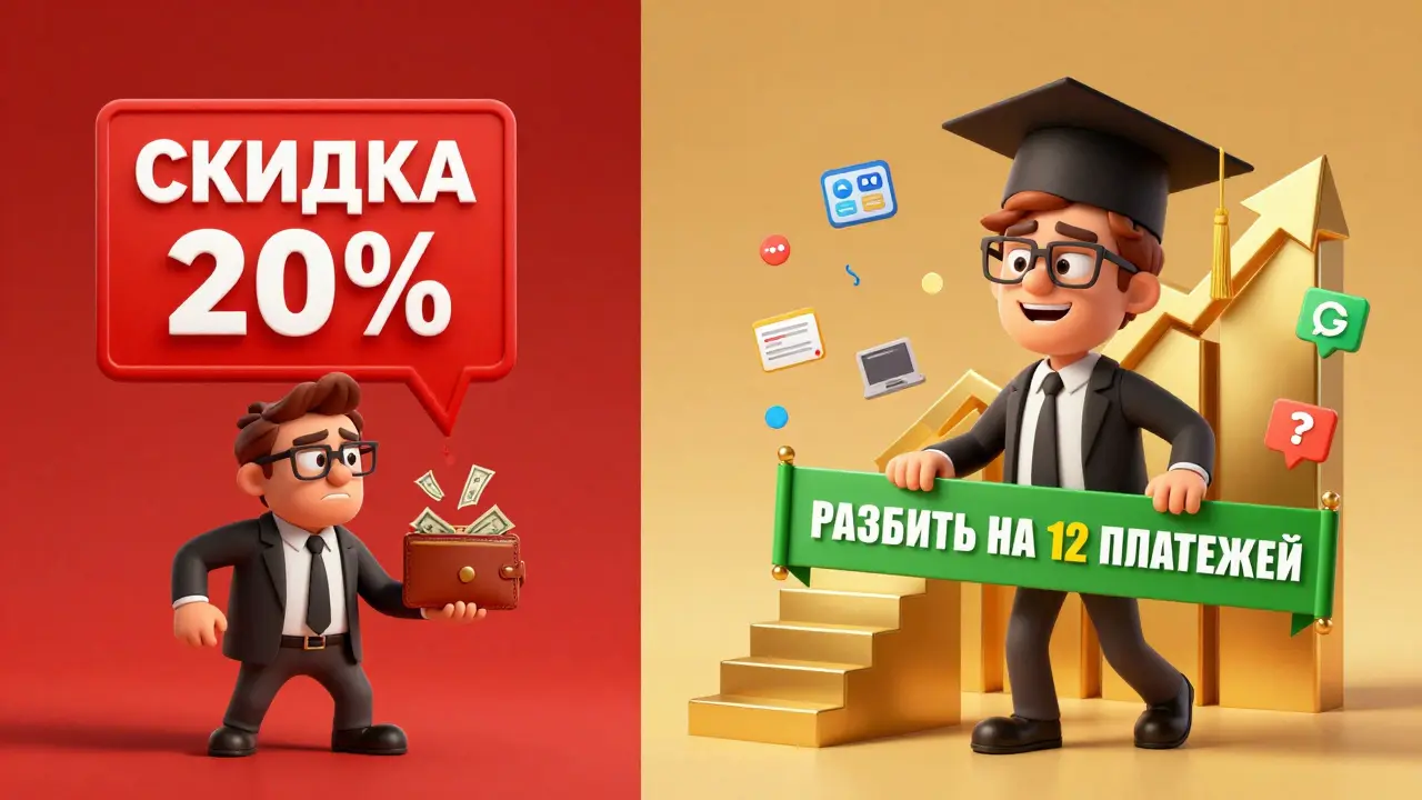 Сравнение: скидка забирает деньги, а рассрочка ведет к успеху с золотой лестницей и графиком роста.