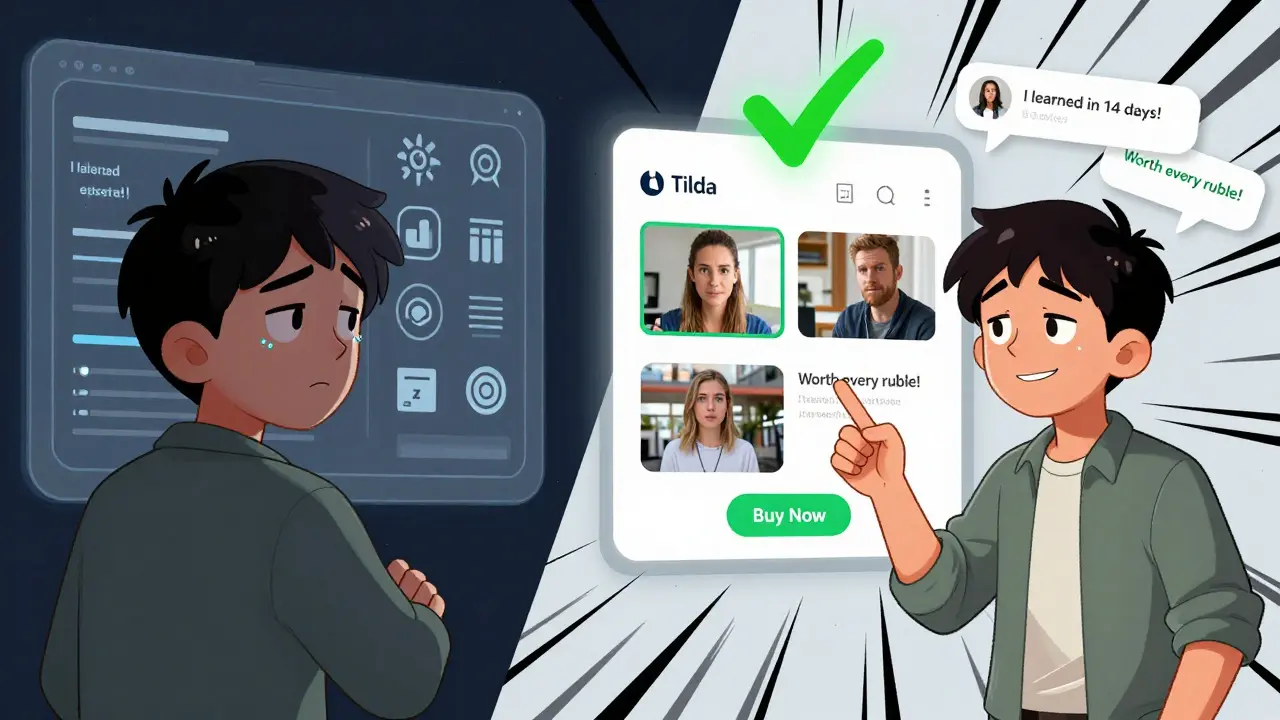 Сравнение сложной платформы и простой страницы с кнопкой 'Купить', вокруг отзывы учеников.