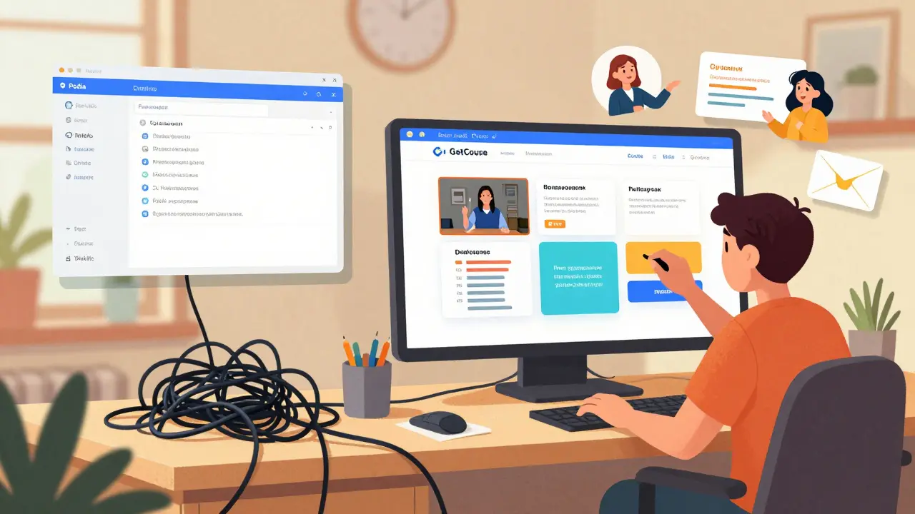 Сравнение: запутанный интерфейс зарубежных платформ против простого и понятного GetCourse с русскими кнопками.