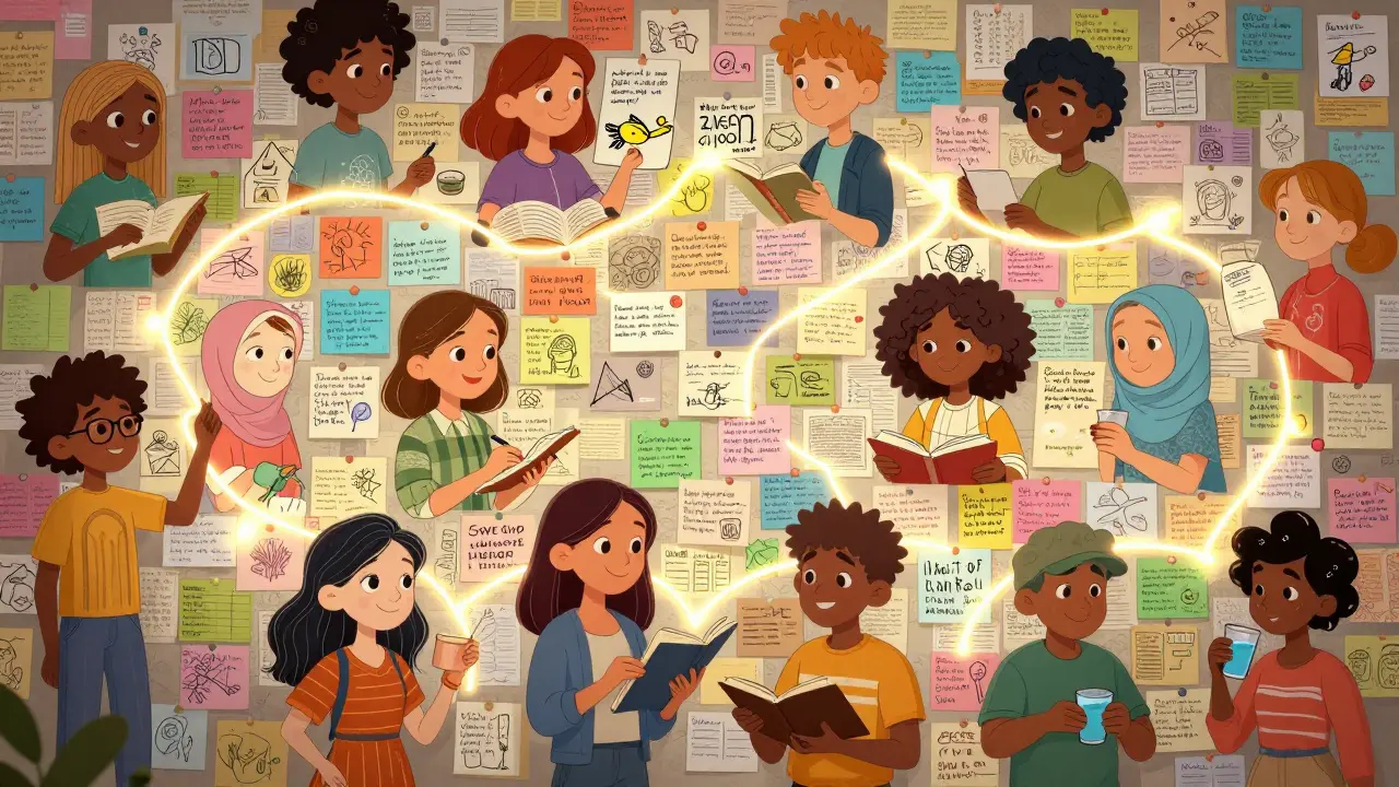 Стена с сотнями рисунков и записей от разных людей, соединённых светящимися нитями.