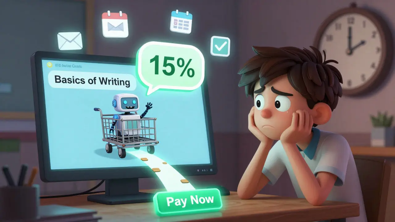 Студент смотрит на корзину с курсом, а робот в чате предлагает скидку — путь к оплате светится.