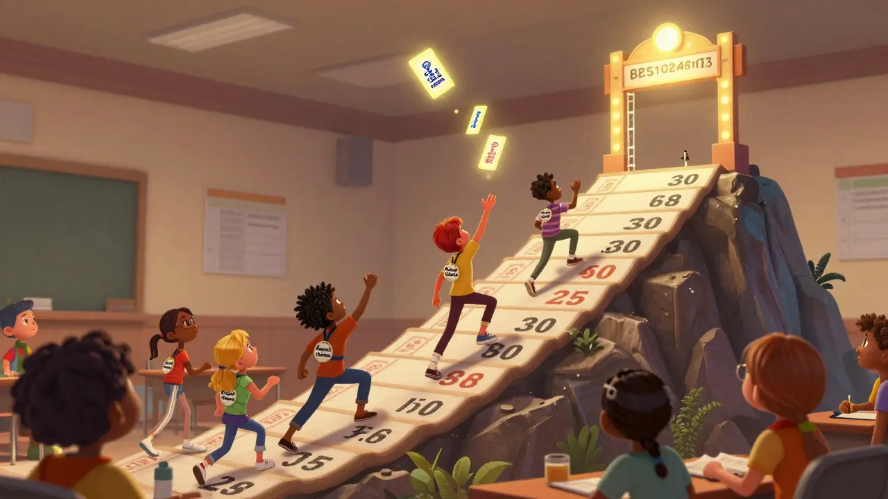 Студенты на лидерборде, один бросает ссылку, превращающуюся в лестницу к награде.