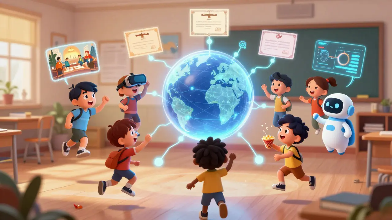 Студенты парят в воздухе, их прогресс отображается в виде светящихся путей, исходящих от центрального ИИ-шара.