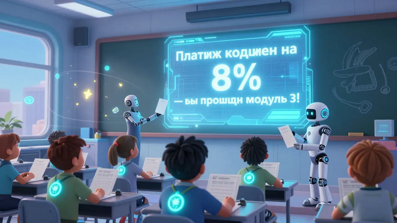 Студенты в будущем получают скидки за обучение — платежи уменьшаются по мере прогресса, светящиеся значки вокруг.