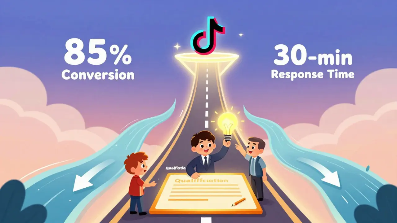 Светящаяся воронка продаж с клиентами на разных этапах, в стиле DreamWorks.