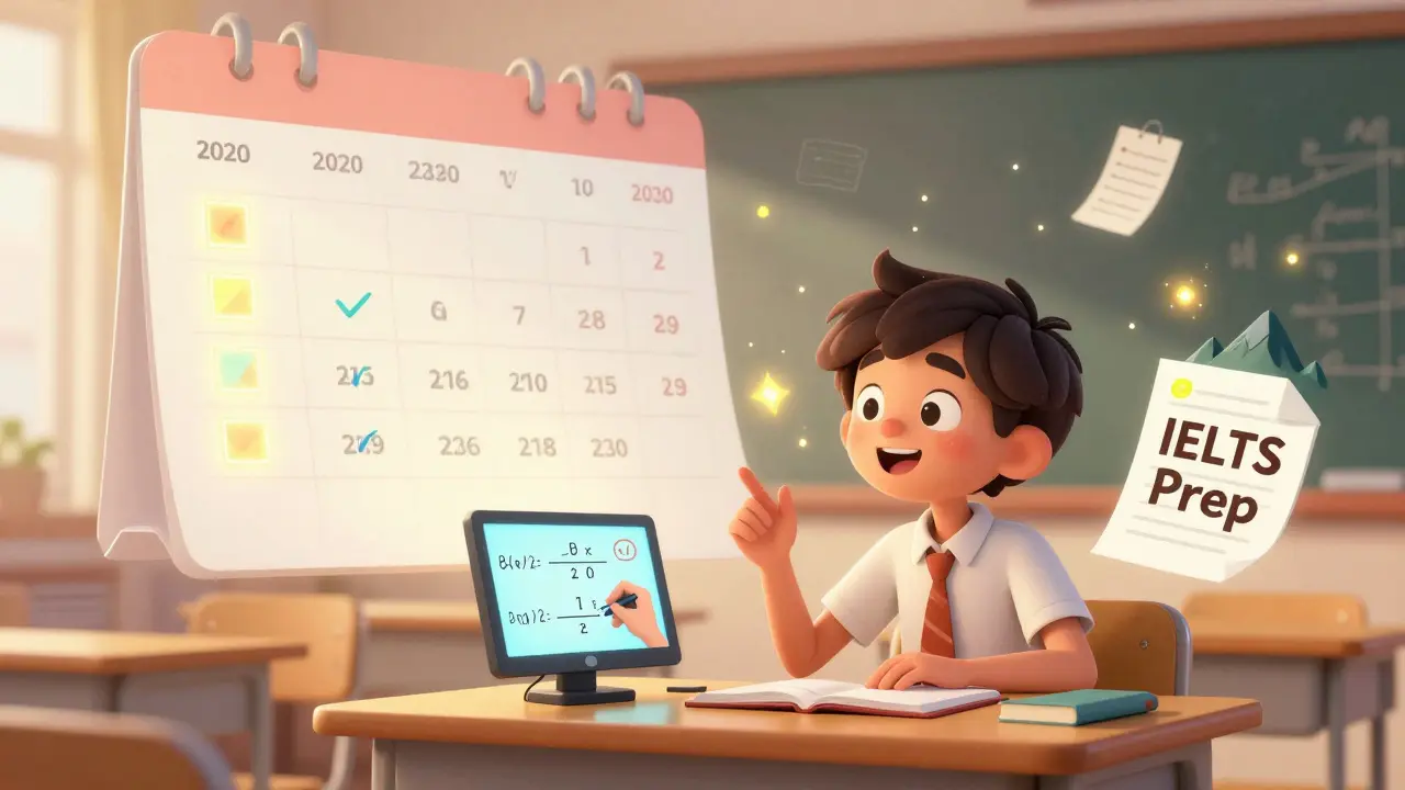 Ученик смотрит на анимированные шаги подготовки к экзамену, цифры и карточки парят вокруг.