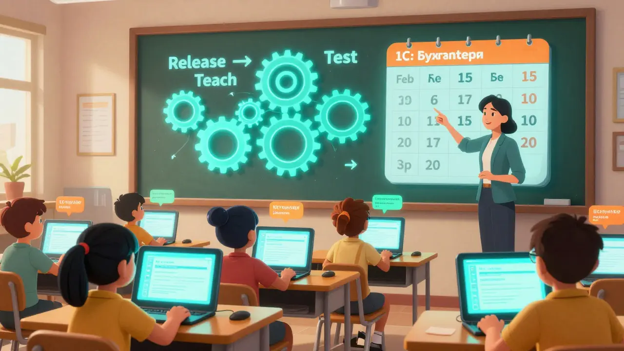 Учитель показывает студентам обновляемый курс 1С с динамическими уведомлениями и календарем релизов.