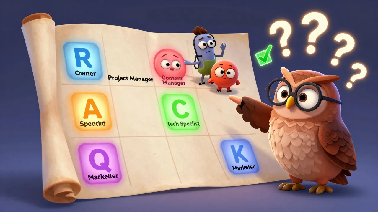 Волшебная таблица RACI с персонажами, указывающими на свои роли, а сова объясняет, кто за что отвечает.