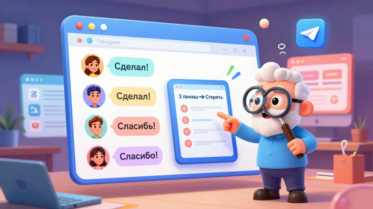 Анимированный чат Telegram с участниками, которые пишут 'Сделал!', рядом — наставник с чек-листом.