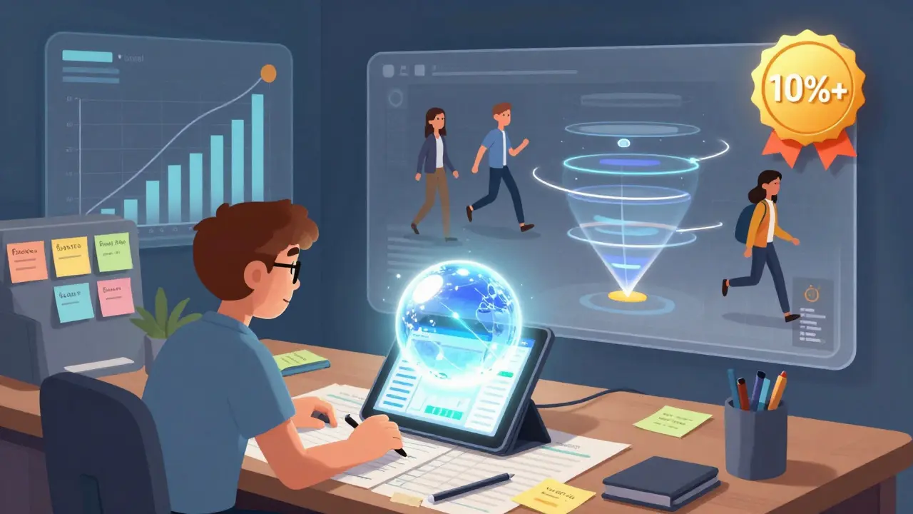 Бизнесмен смотрит на AI-аналитику, которая превращает хаос в четкую воронку с конверсией 10%+.