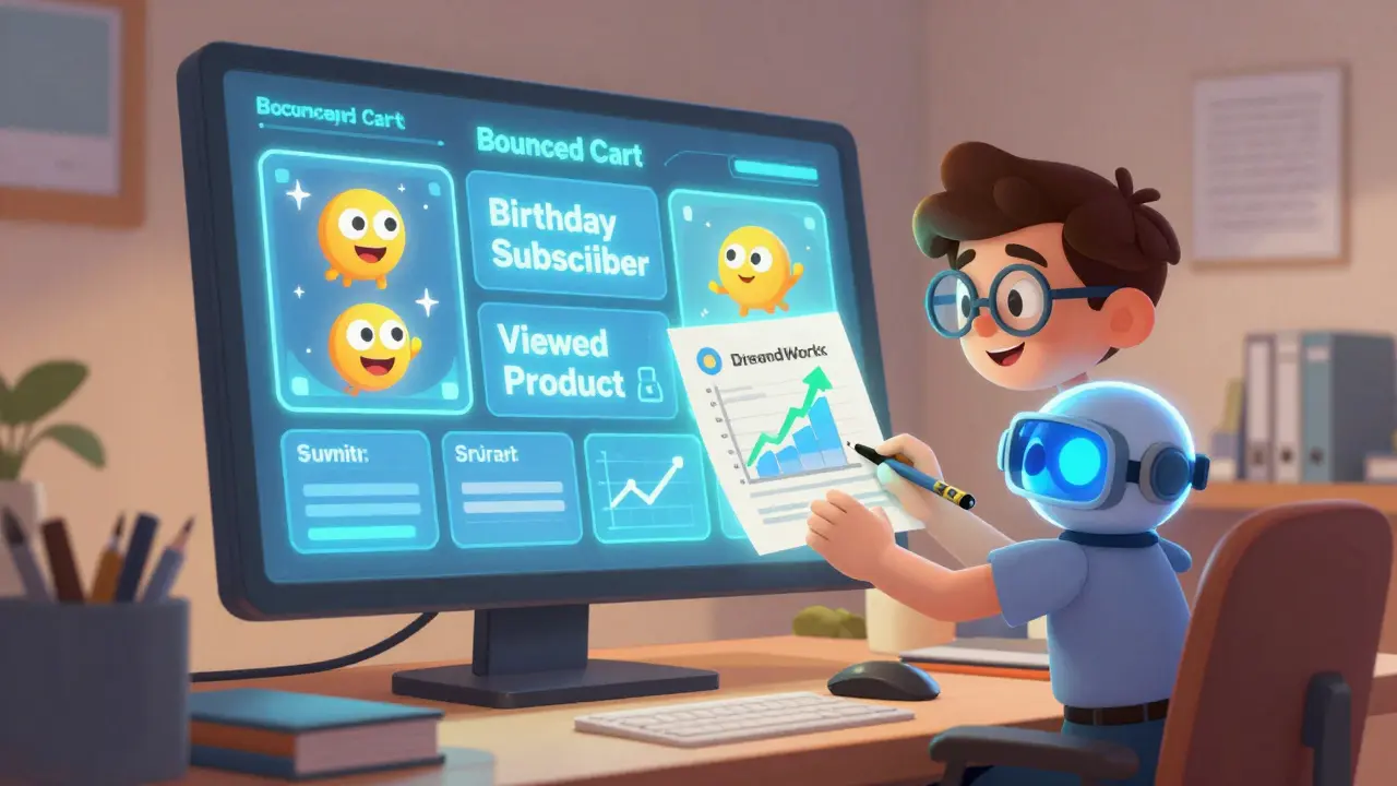 Бизнесмен смотрит на волшебную панель с сегментами клиентов, ожившими как персонажи, рядом с AI-помощником.