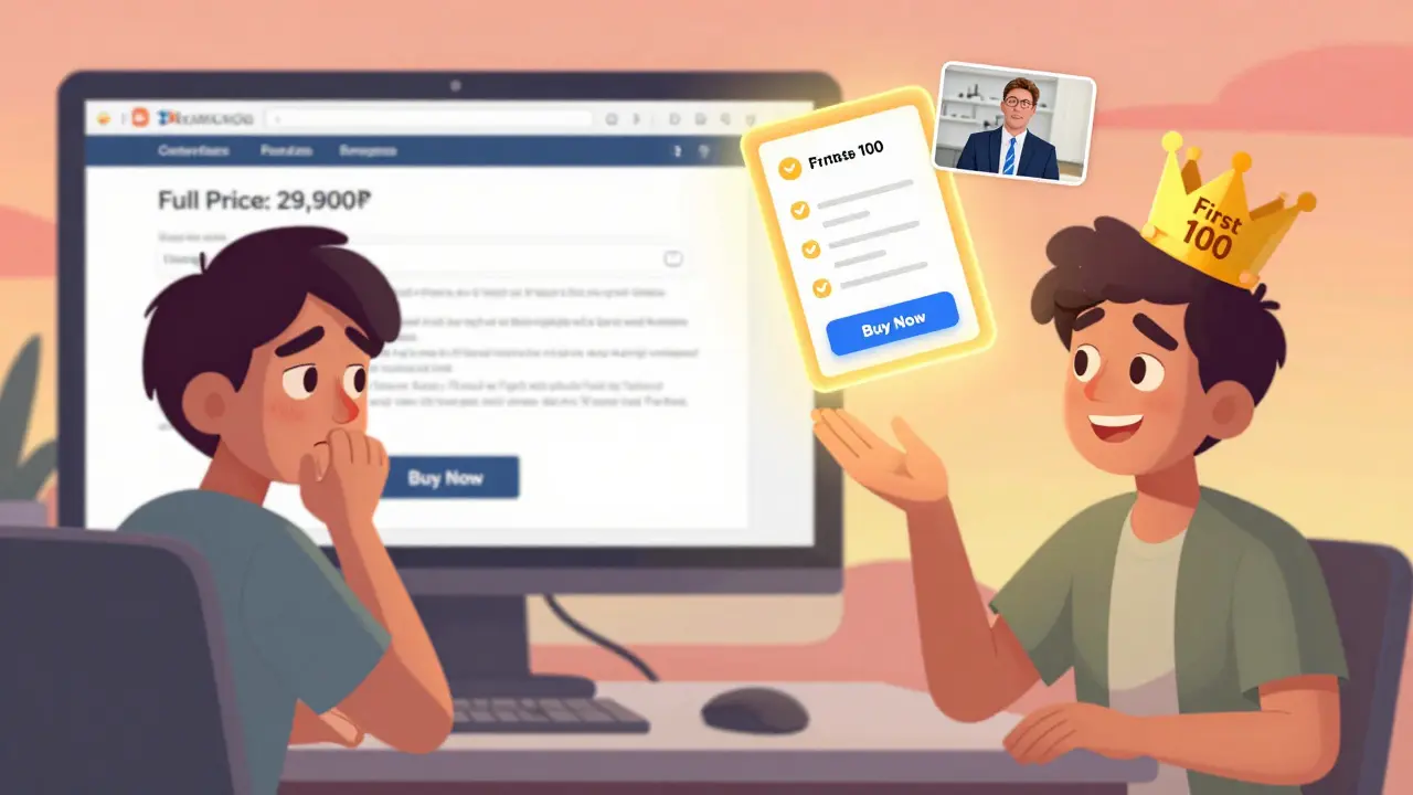 Человек выбирает между полной ценой и скидкой с эксклюзивными бонусами — над головой появляется корона 'Первые 100'.
