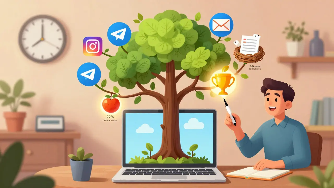 Дерево из соцсетей растёт из ноутбука, с фруктами-статистикой и листьями-форматами контента.