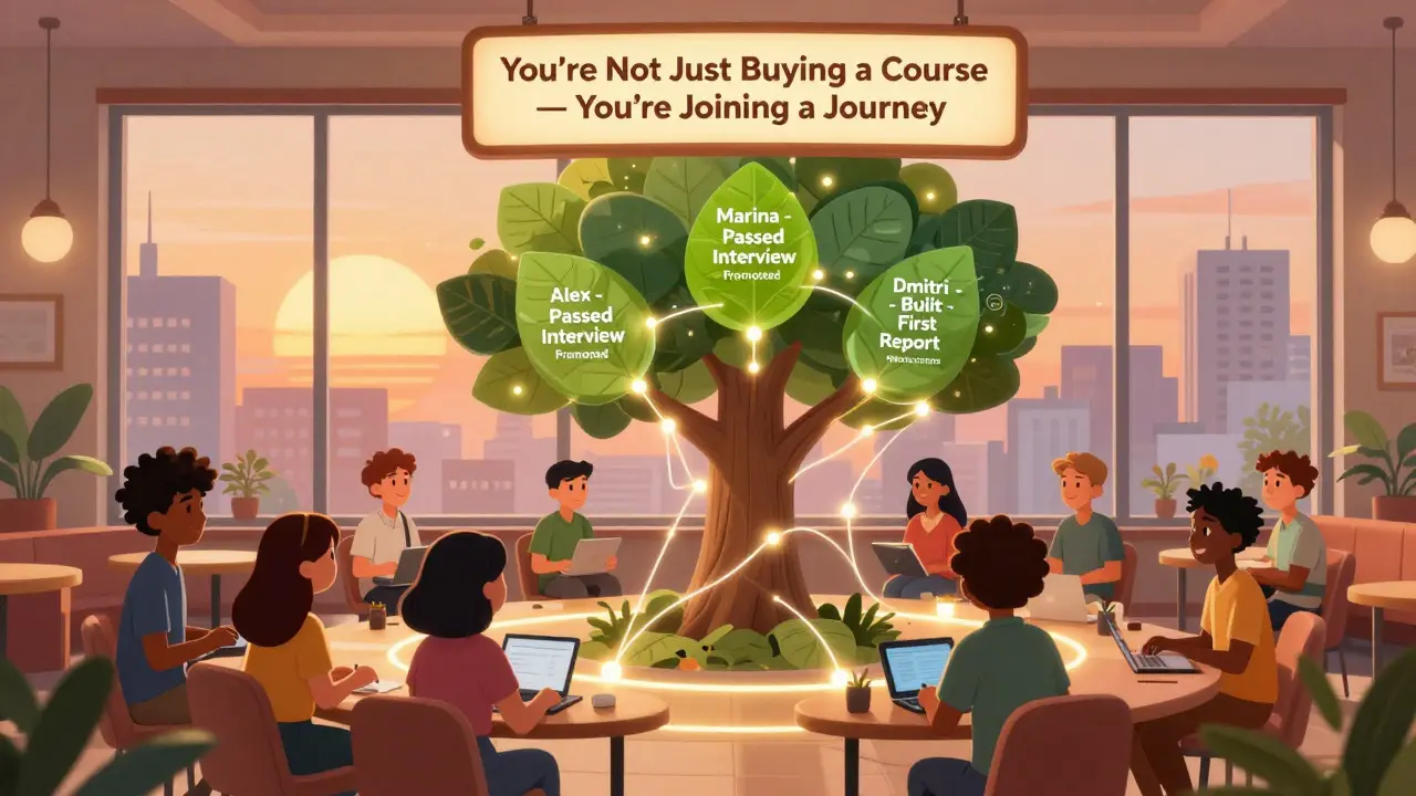 Комьюнити учителей и студентов, соединенных светящимися нитями под деревом с модулями курса