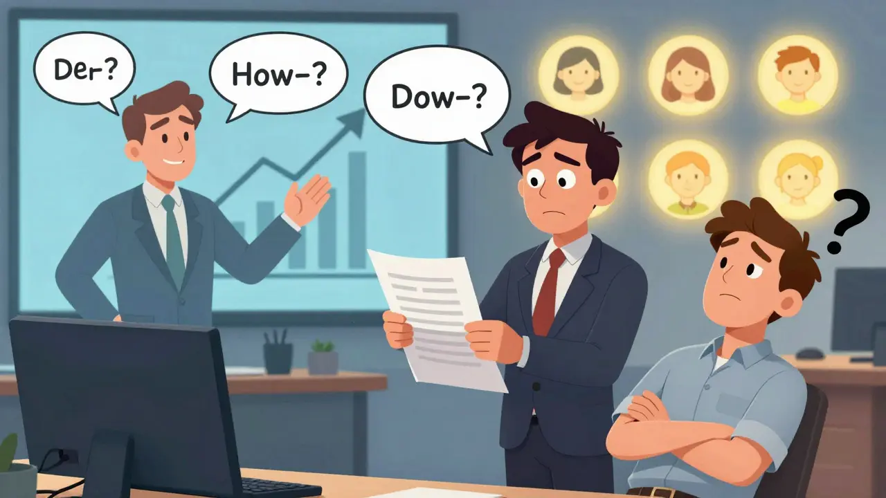 Менеджер по продажам читает скрипт, пока клиент сомневается — рядом другой менеджер слушает и улыбается.