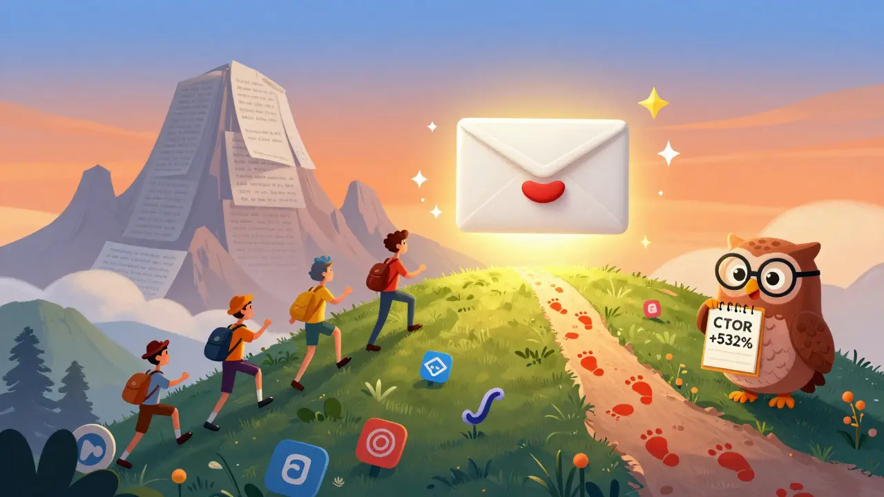 Письмо как пейзаж: кнопка — светящийся холм, пользователи идут к ней, мимо — хаос из отвлекающих элементов.