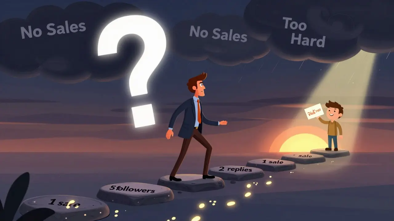 Предприниматель карабкается по ступенькам маленьких побед сквозь тучи сомнений к восходящему солнцу.