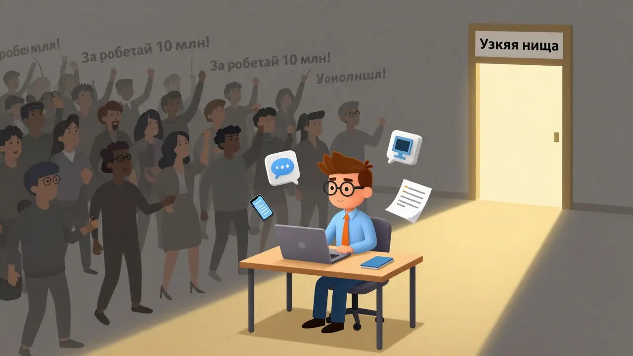 Предприниматель за столом с маленькими иконками продукта, позади — тусклые фигуры громких инфобизнесменов.