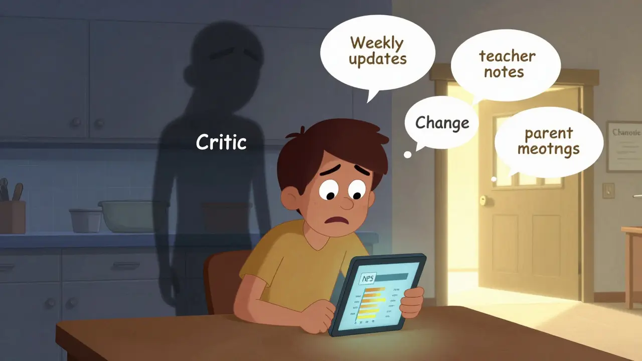 Родитель смотрит на низкую оценку NPS, перед ним — путь к изменениям в школе.