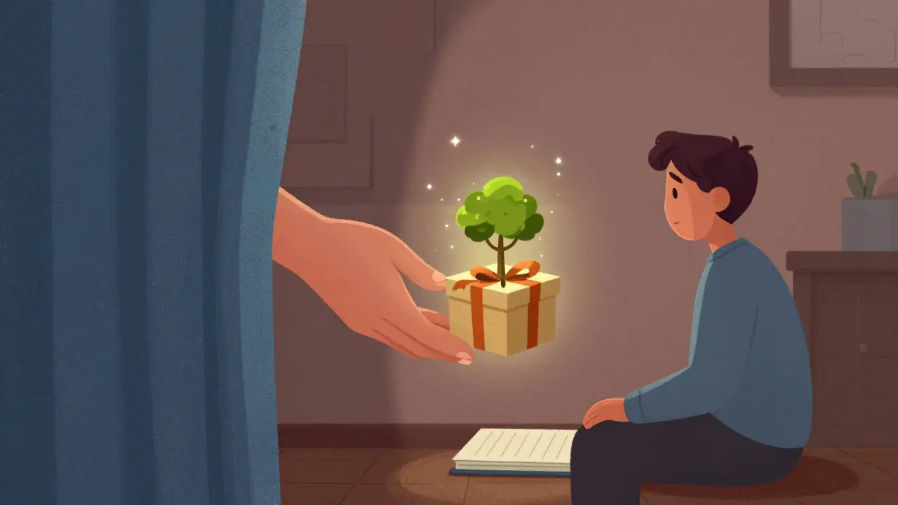 Рука передает коробку с растущим деревом человеку в тишине, символизируя рост через доверие, а не рекламу.