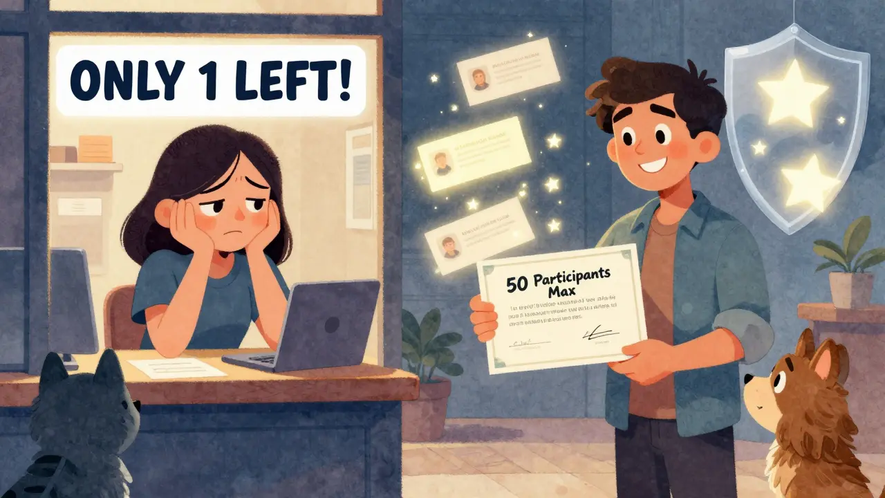 Слева — человек игнорирует ложный таймер, справа — получает сертификат с ограничением по участникам, вокруг — отзывами, как звёзды.
