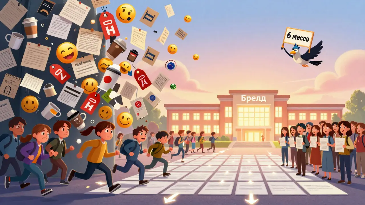 Слева — хаос постов, люди убегают; справа — структурированные треды ведут к школе и сертификатам, солнце на горизонте.