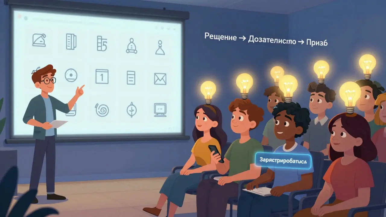 Спикер на вебинаре с простыми слайдами, аудитория с лампочками над головами.