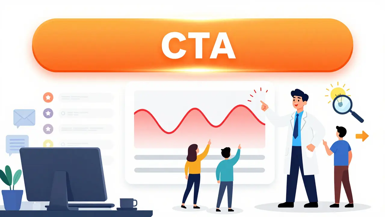 Сравнение двух писем: слева — перегруженное, справа — чистое с большой яркой кнопкой вверху, аналитик указывает на данные.
