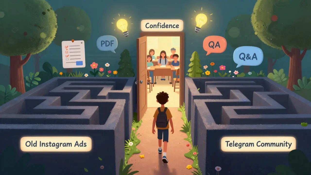 Студент проходит от тёмного лабиринта рекламы к светлому саду доверия и знаний в Telegram.
