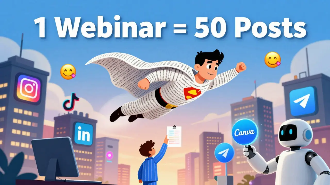 Супергерой-вебинар летит над городом соцсетей, а человек с чек-листом помогает ему.