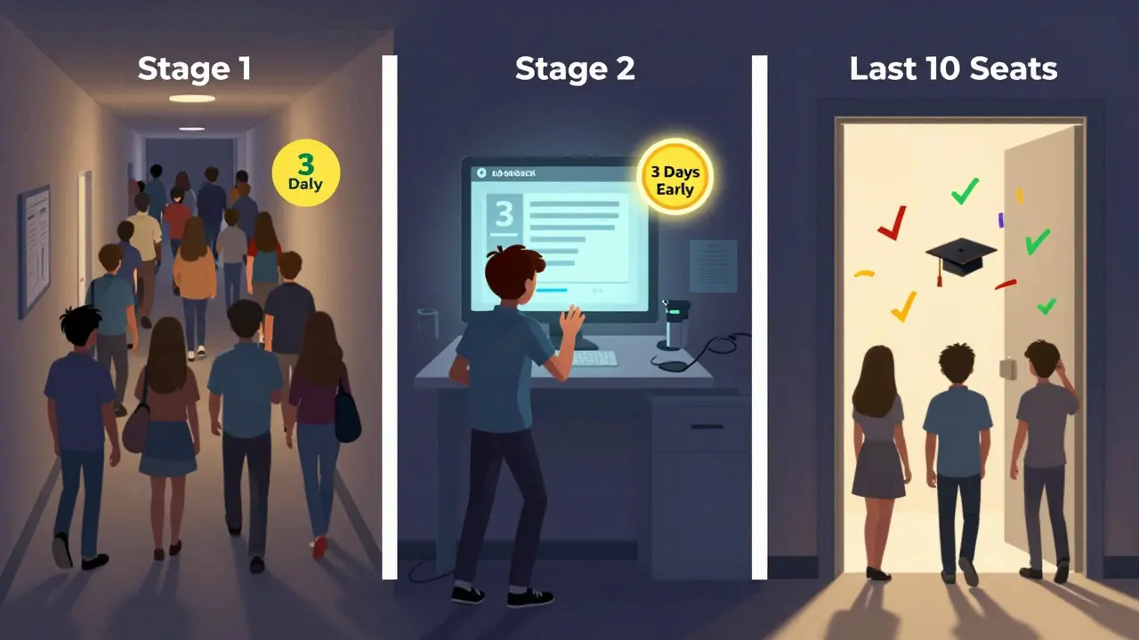 Три этапа продаж: оставшиеся места на доске, ранний доступ к курсу и закрытая дверь с надписью 'Последние 10 мест'.