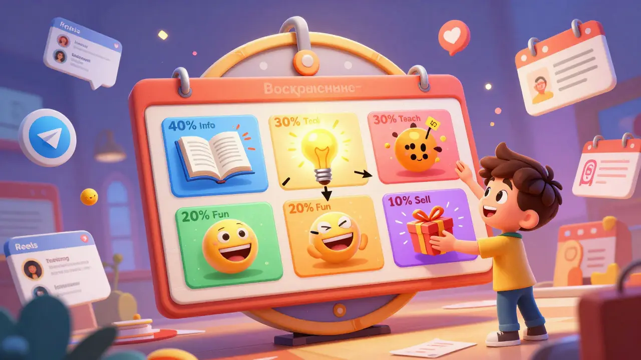 Учитель держит волшебную доску с процентами контента, вокруг — анимированные посты и студент, крутящий календарь.