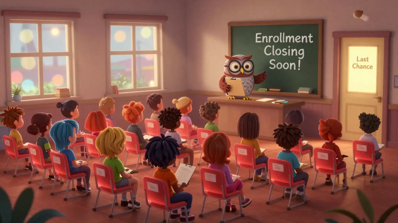 Виртуальный класс с 27 учениками, остальные места тают, на доске — 'Запись закрывается', в окне — мягкий свет.