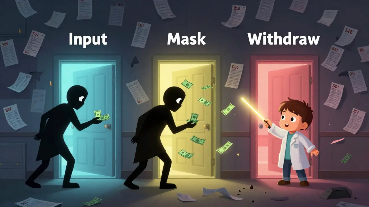 Инфографика как история: мошенническая схема проходит через три этапа, показанные как двери с цветной подсветкой.