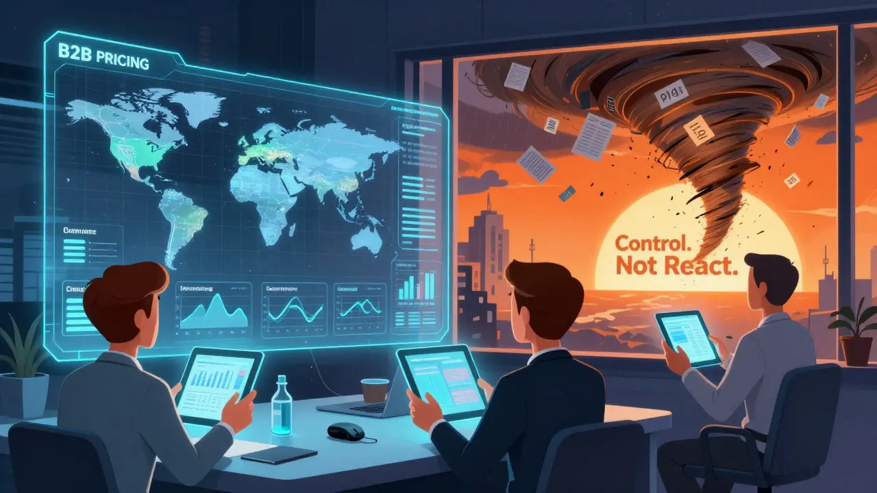 Команда управляет голографическими данными о ценах, пока устаревшие таблицы исчезают в вихре данных.