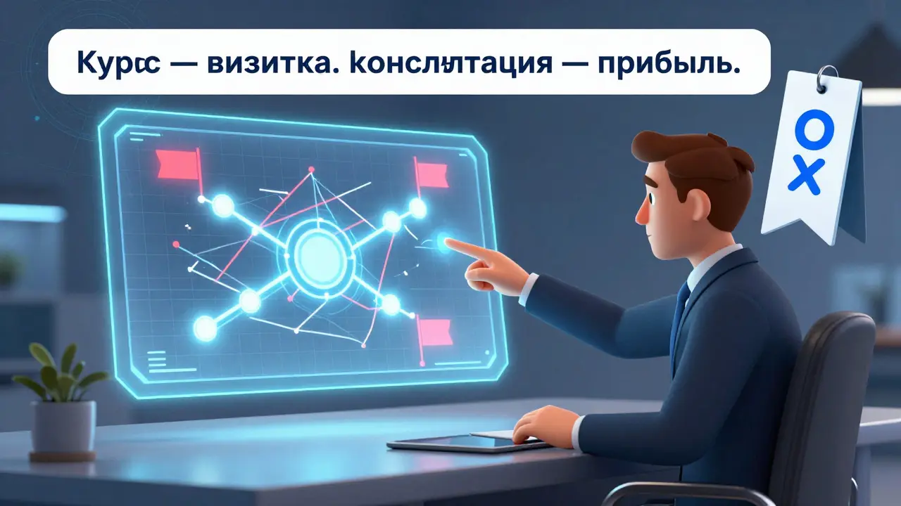 Консультант помогает клиенту решить бизнес-проблему, рядом с ними — мини-курс как начало пути.