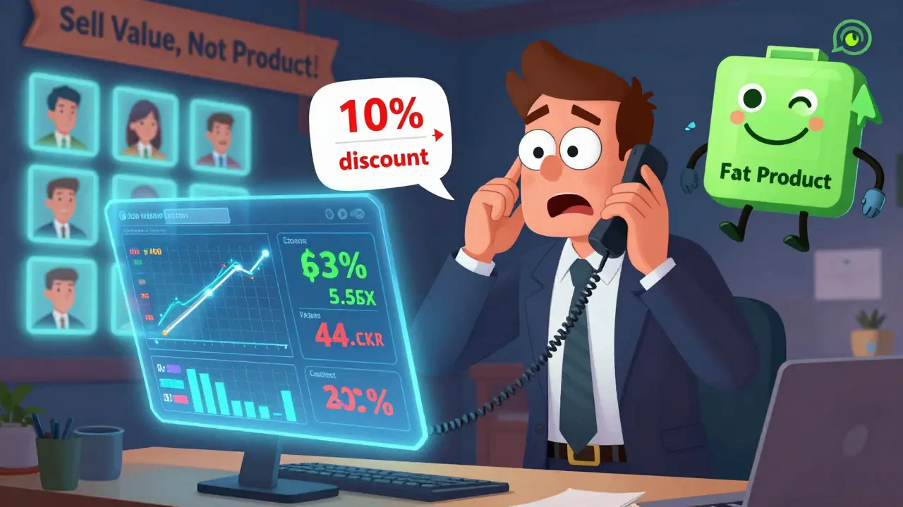 Менеджер по продажам получает совет от робота-калькулятора, как правильно ответить на запрос скидки.