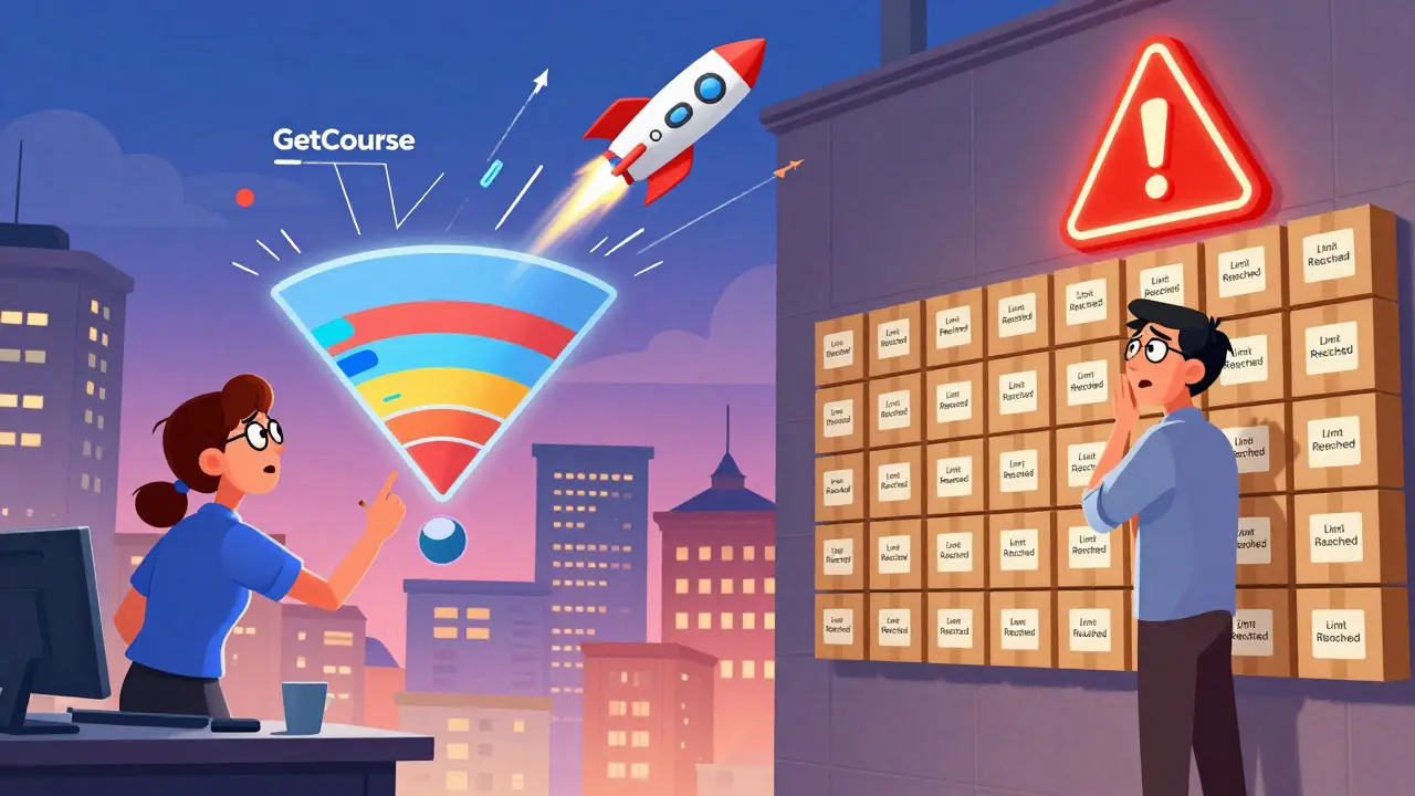 Предприниматель наблюдает за ростом продаж, в то время как стена курсов достигает лимита на платформе GetCourse.
