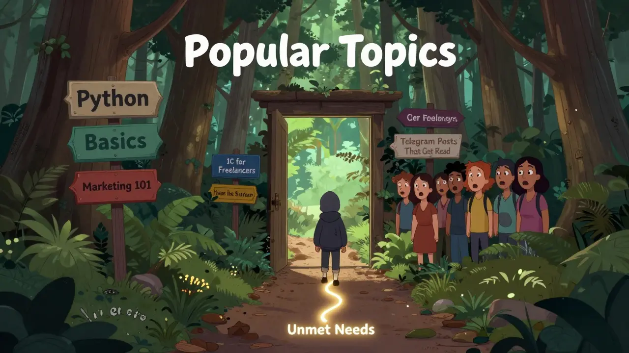 Путник идет по узкой тропе к скрытым темам курсов, обходя переполненные популярные темы.