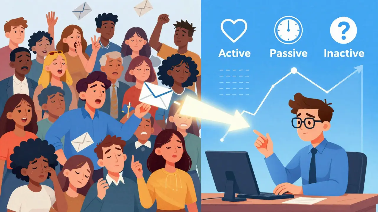 Разделение аудитории на три группы: активные, пассивные и бездействующие подписчики.