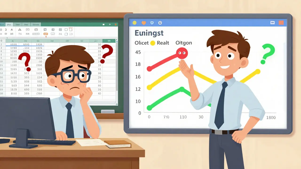 Разделённая сцена: один владелец школы паникует перед хаотичным Excel, другой — уверенно смотрит на три цветных сценария прогноза.