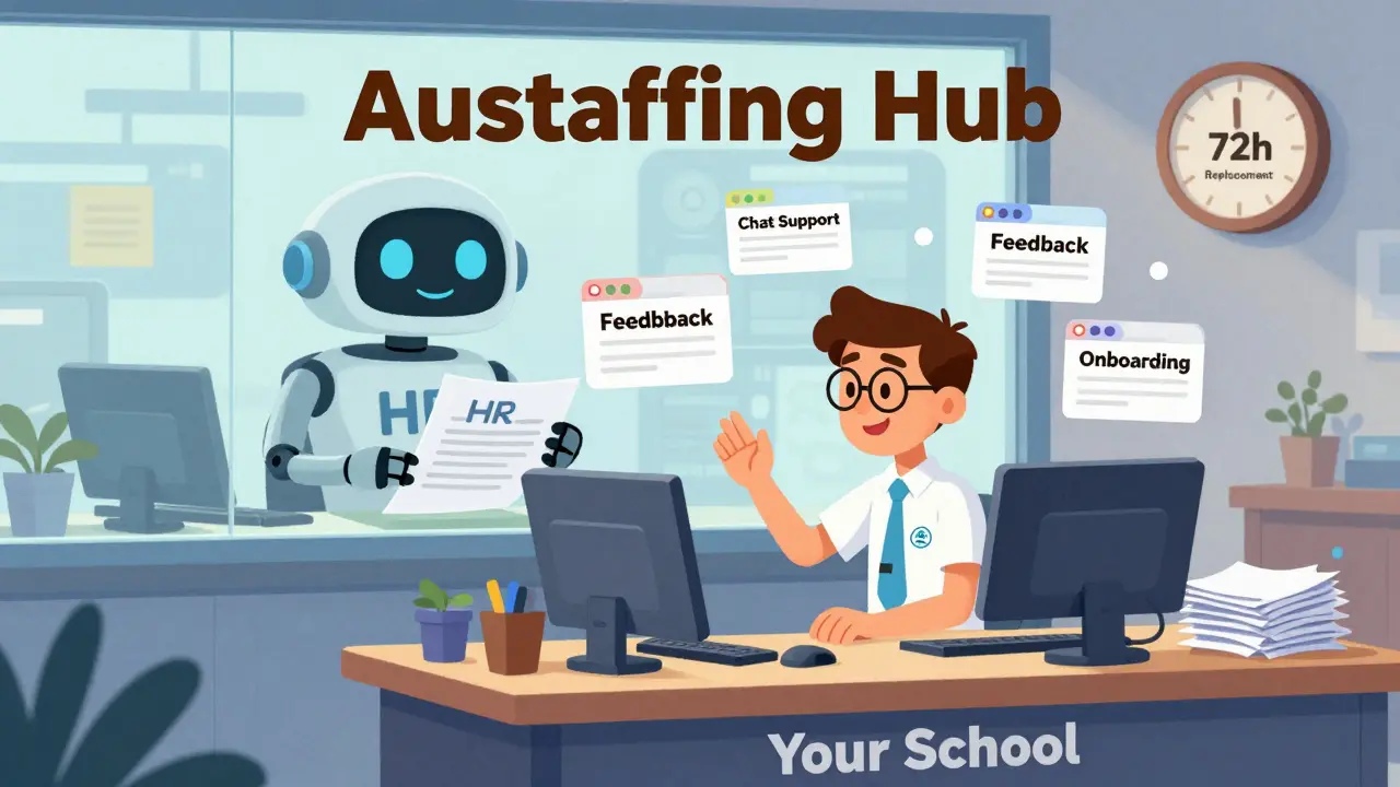 Сотрудник работает на проекте онлайн-школы, а робот-маскот решает кадровые вопросы за него.